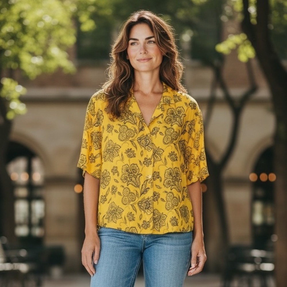 Saunders Collective Yellow Black Floral Print Button Up Women M